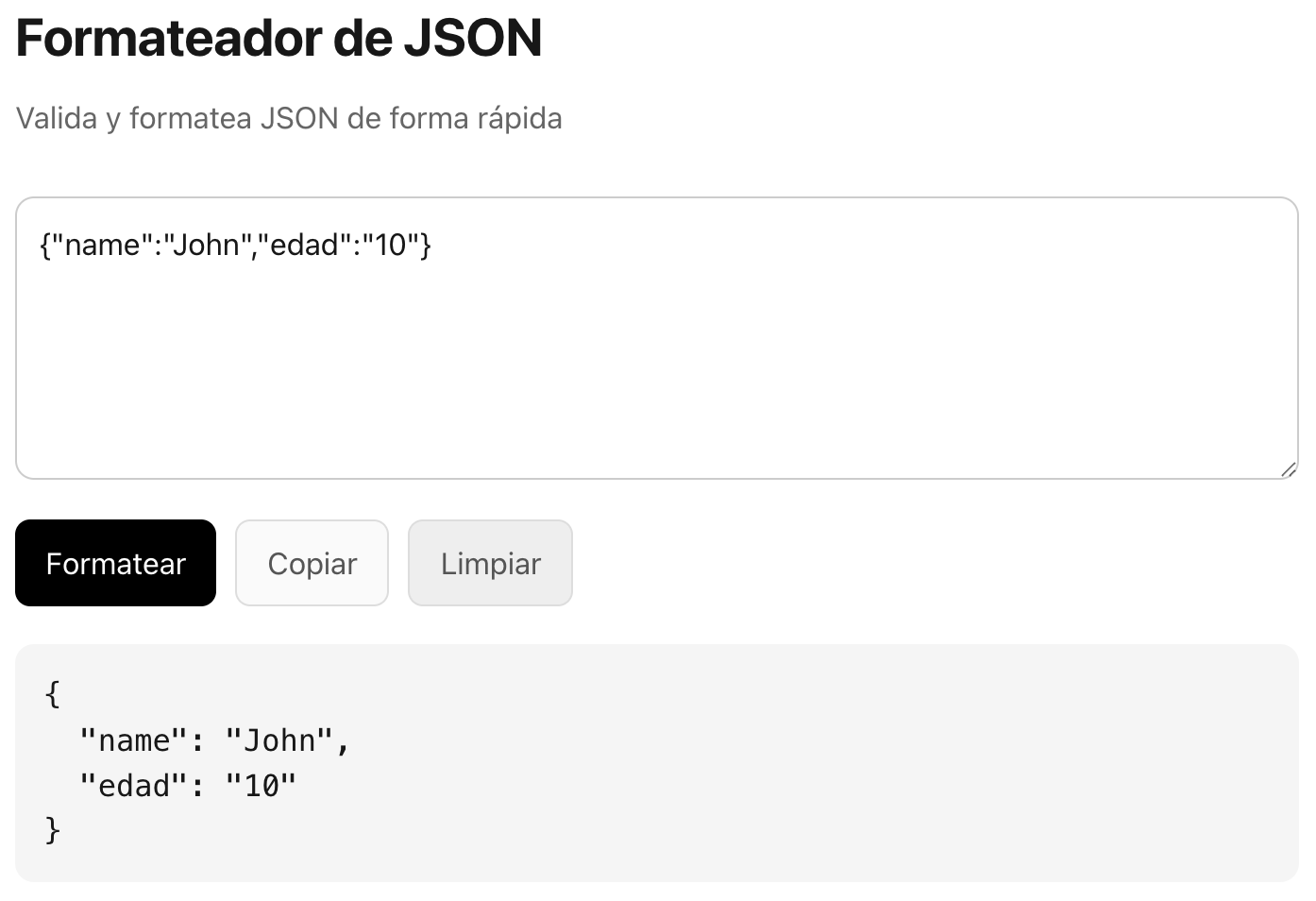 Pantalla principal de JSON Formatter