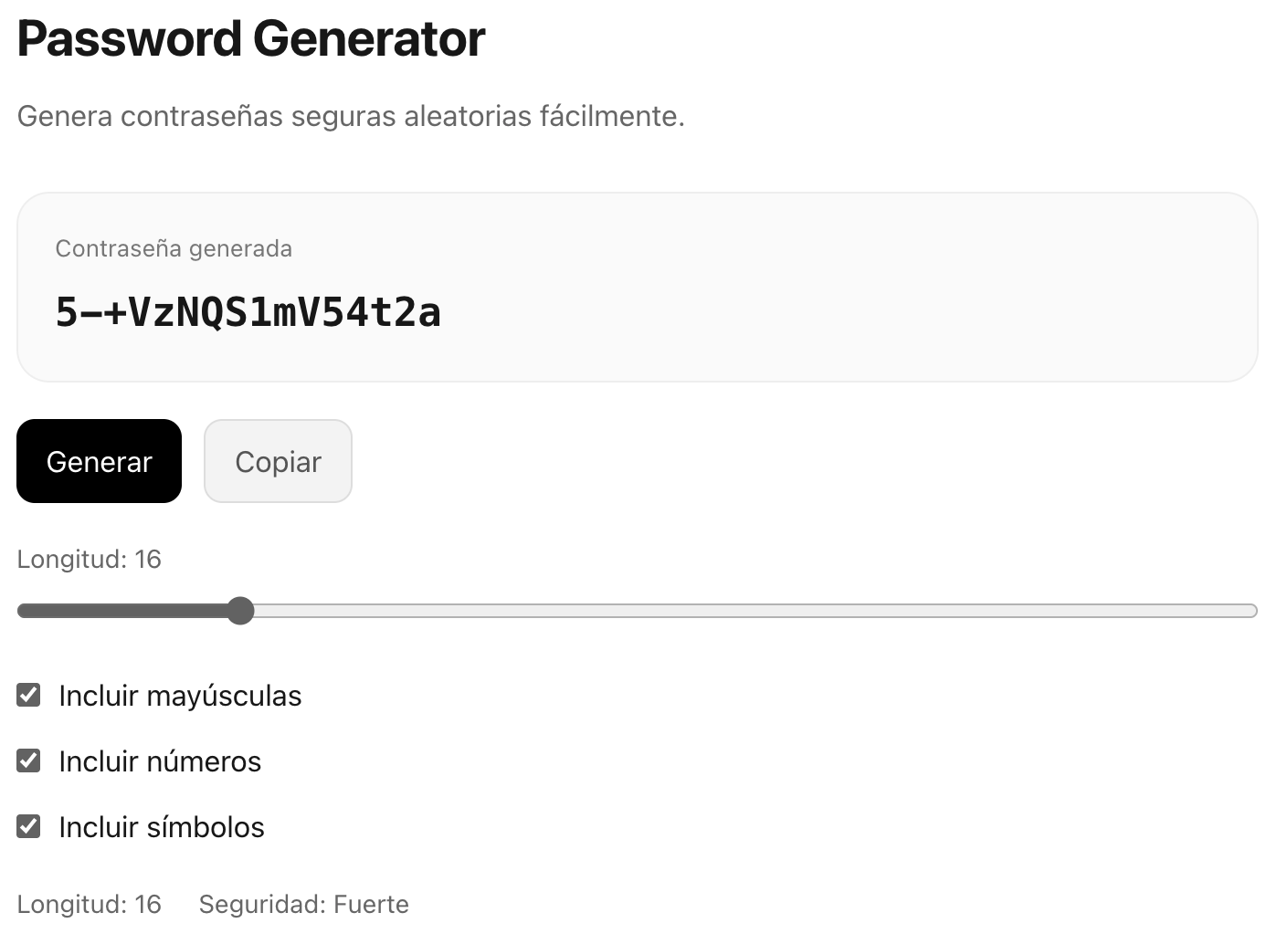 Pantalla principal de Password Generator